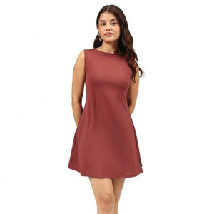 Womens Ultimate Dress, Fit & Flare Silhouette, Boat Neck Dress with Side Pocket, Soft Stretchy Everyday , Barkha Brown