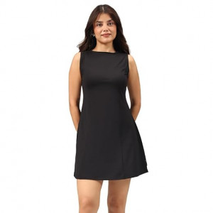 Womens Ultimate Dress, Fit & Flare Silhouette, Boat Neck Dress with Side Pocket, Soft Stretchy Everyday , Bliss Black