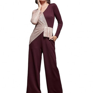 Women's V-Neck Full Sleeve Embellished Asymmetric Regular Length Polyester Jumpsuit