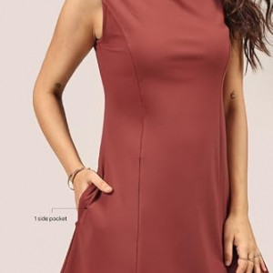 Womens Ultimate Dress, Fit & Flare Silhouette, Boat Neck Dress with Side Pocket, Soft Stretchy Everyday , Barkha Brown